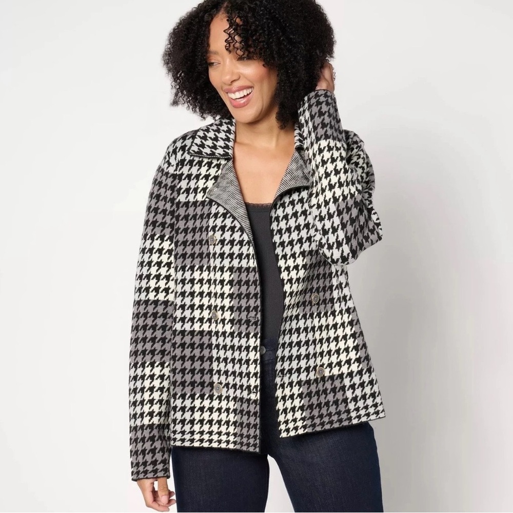 Susan Graver Women's Double Breasted Jacquard Sweater Jacket Black